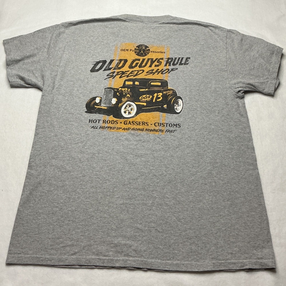 Old Guys Rule Speed Shop Hot Rods Gassers Graphic T-Shirt Gray Mens Large